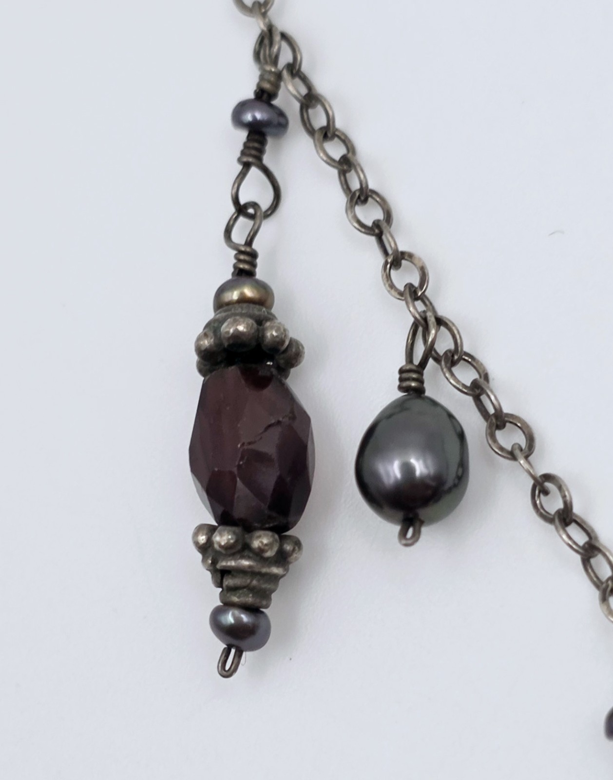 Vintage 925 Sterling Silver Garnet Pearl Festoon Dangle Necklace 15″ Choker