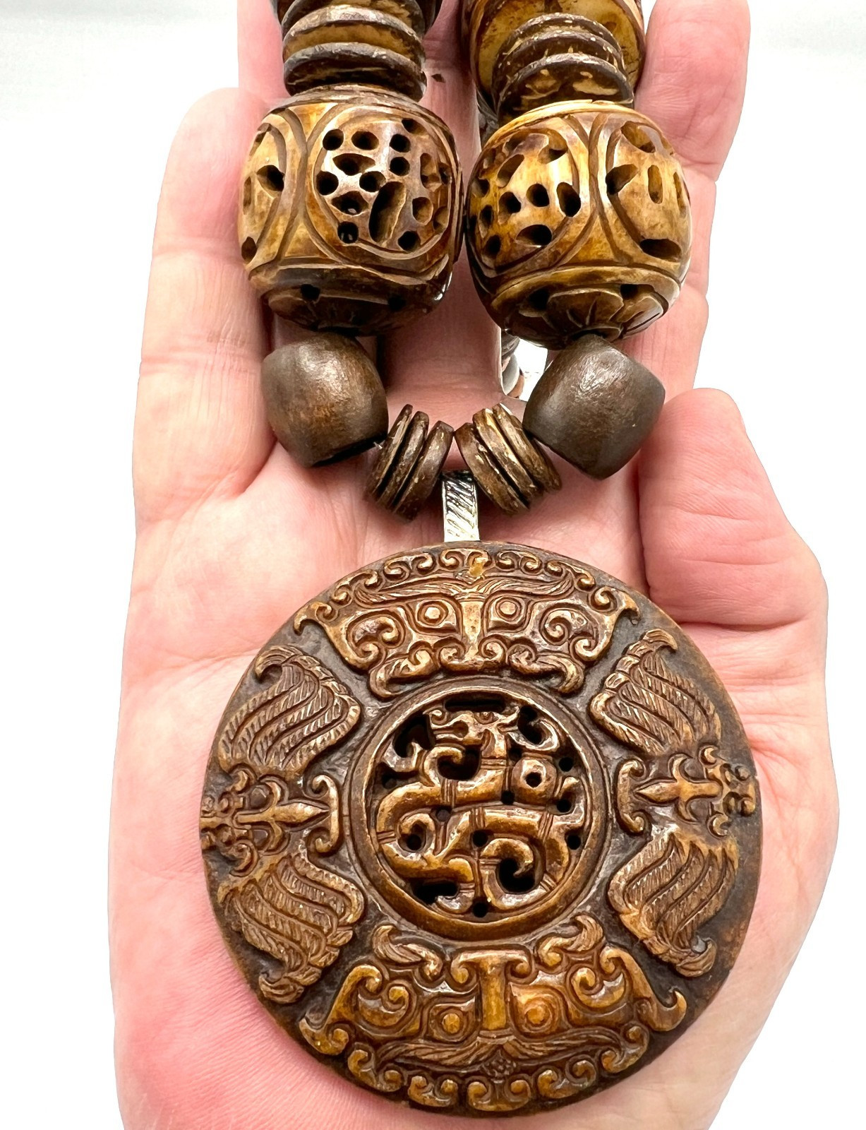 Chunky Vtg Artisan Carved Wood Bead Necklace-Asian Style Ceramic Medal Pendant