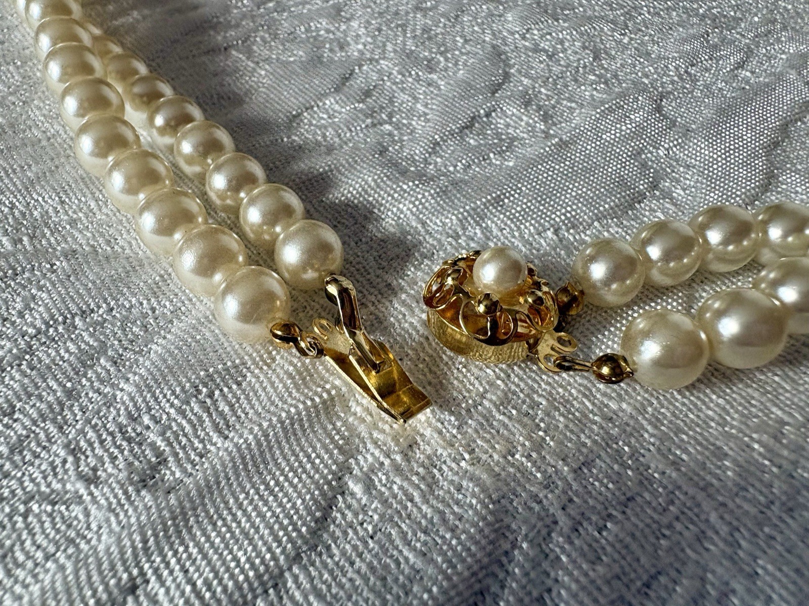 Vintage Double Strand White And Gray Pearl Necklace With Rhinestones- G Silver