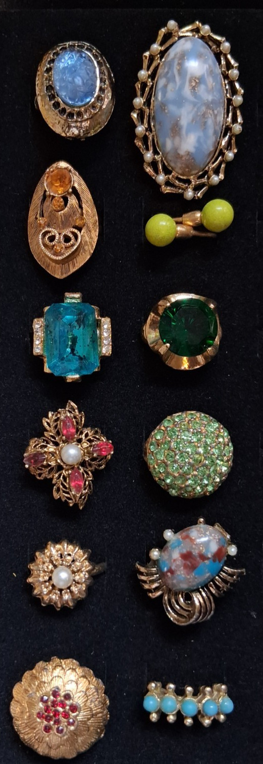 Lot (12) VTG Costume Cocktail Cluster Glamour Bling adjustable rings Mid Century