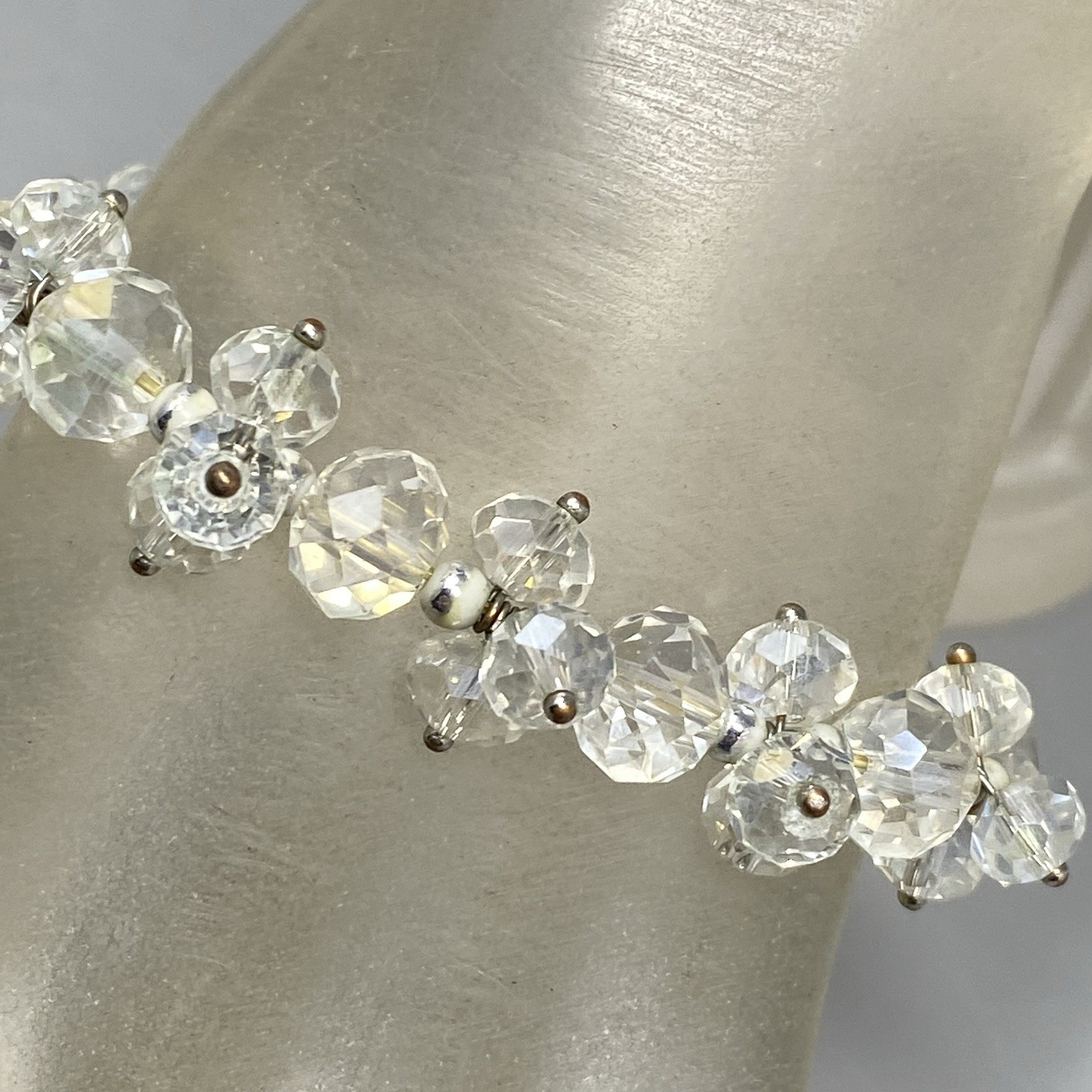 VTG Clear Glass Bead Cluster Bracelet Stretch Fire Polished AB Coated Retro 6.75