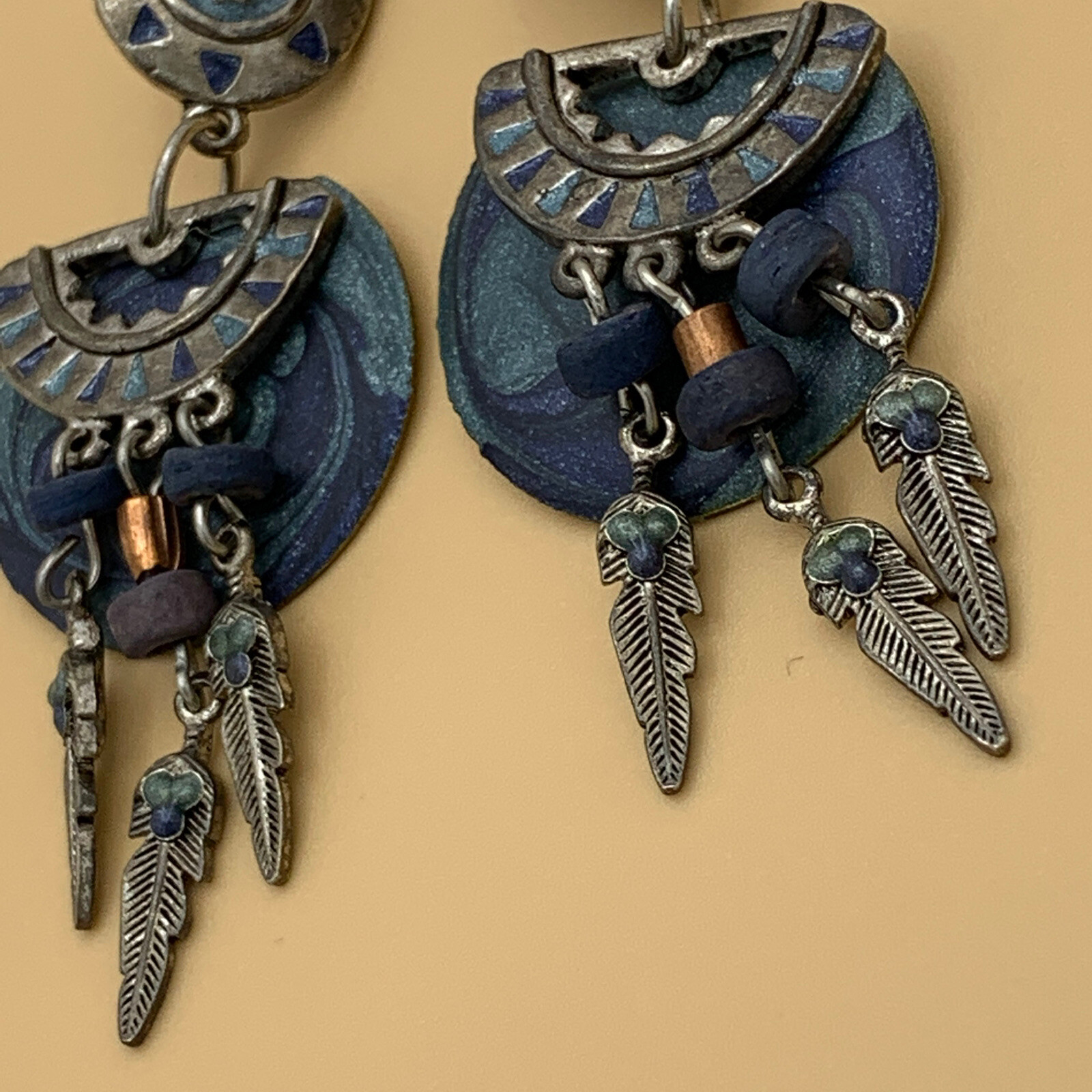 Vintage Edgar Berebi Blue Earrings South Western Theme Dangling Feathers Enamel