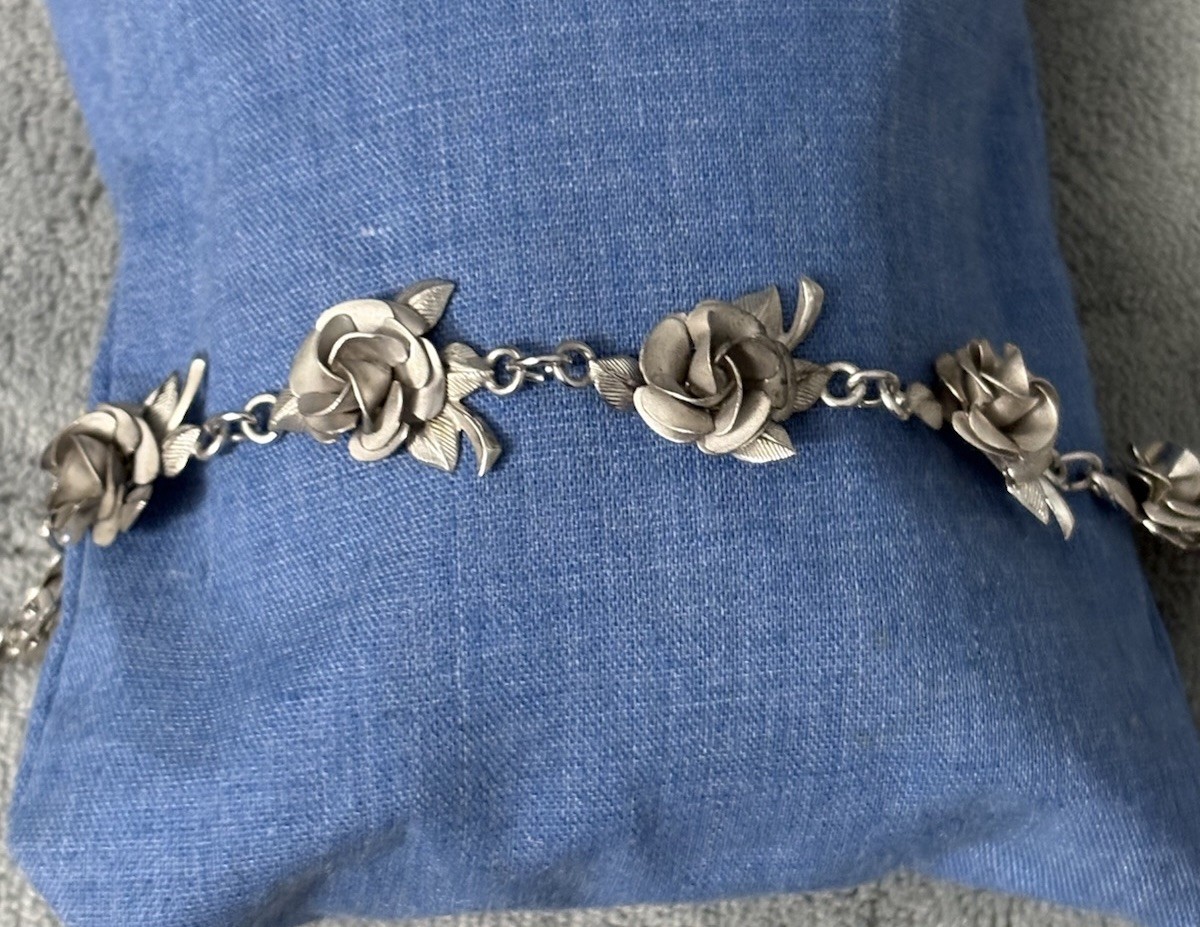 Vintage Sterling Silver Flowers Bracelet Six Roses Signed AC Estate 12g 6.8”