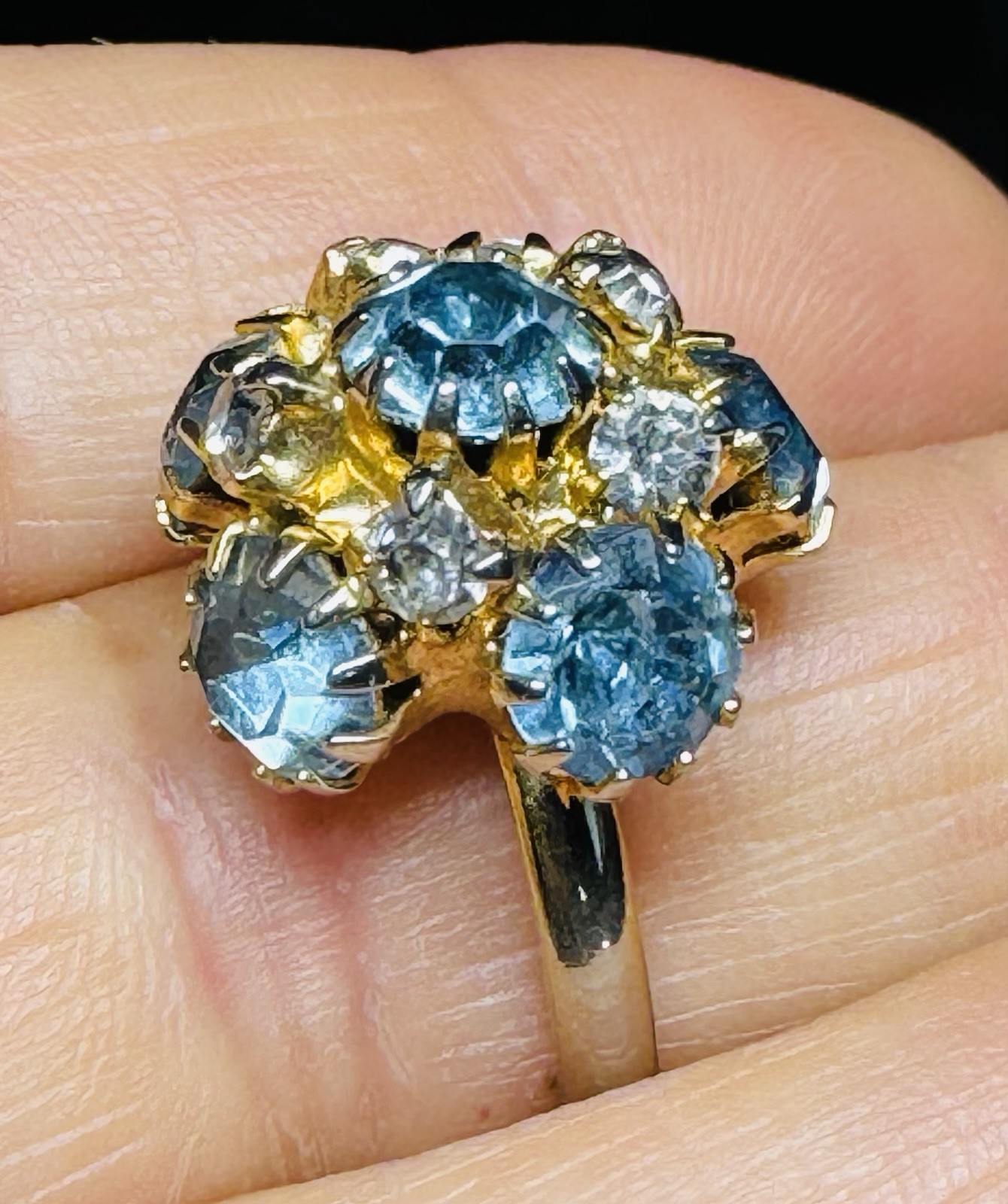 Vintage Light Blue Rhinestone Prong Set Sz 8 & Adjustable Cluster Ring