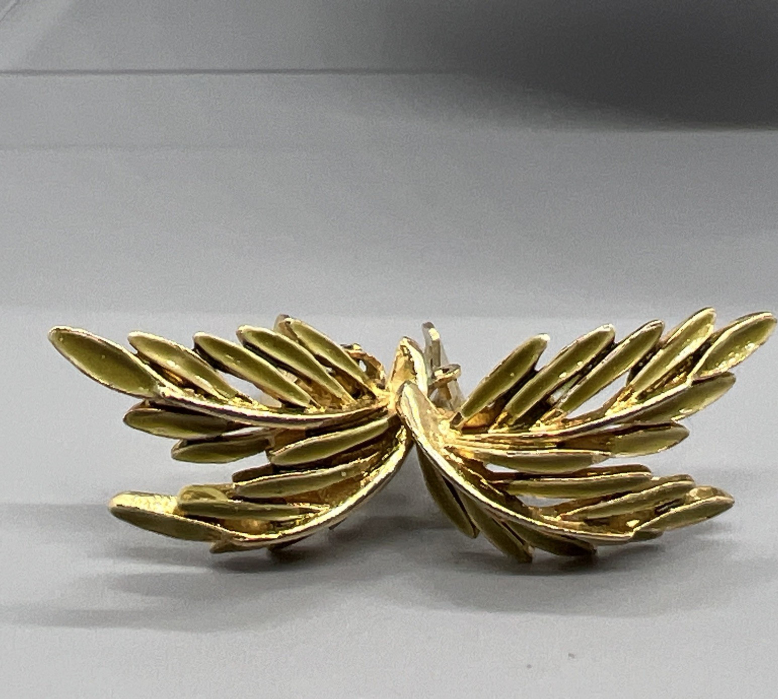 Vintage ART Leaf Earrings Gold Green Enamel Clip On Midcentury Nature READ