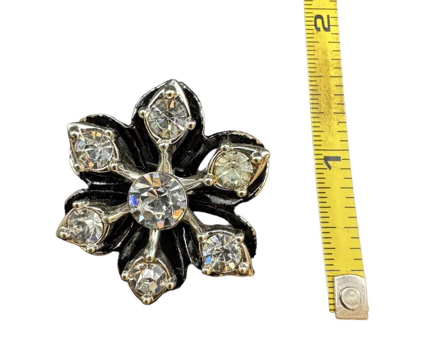 Vintage Silver Tone Round Clear Rhinestone With Black Background Brooch