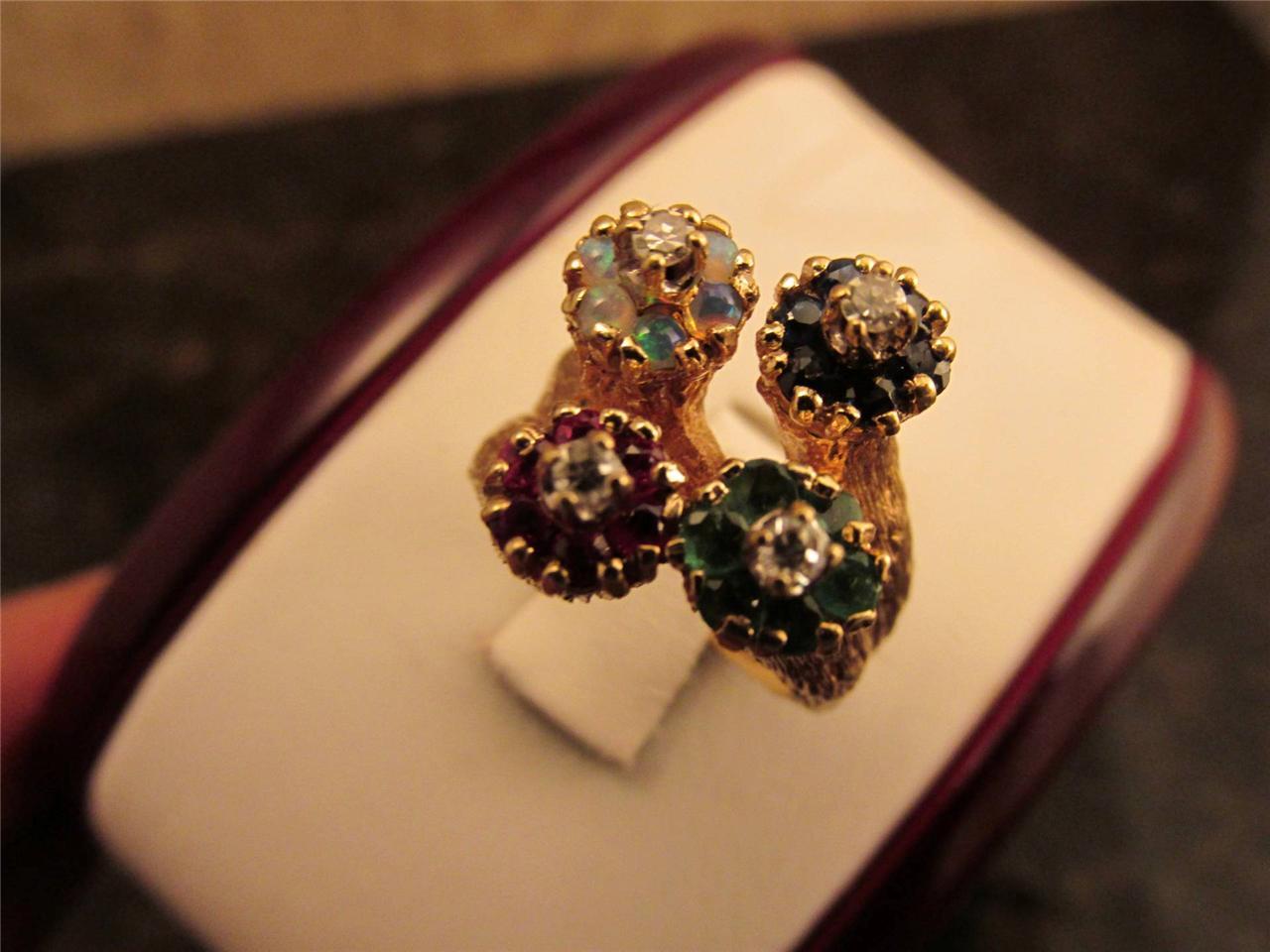 Vintage 14k Solid Gold Colorful Diamond Opal Emerald Sapphire Ruby Ring