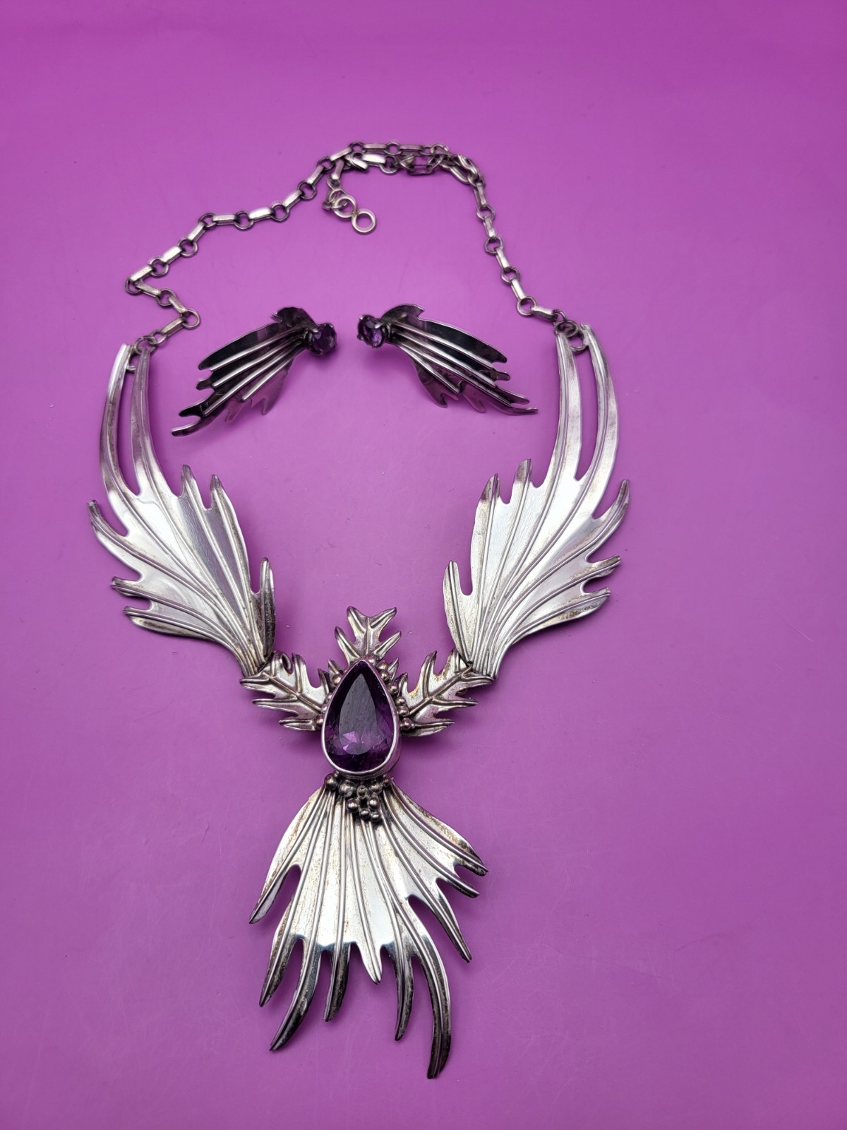 SET: CAROL FELLEY STERLING NECKLACE & EARRINGS, AMETHYST ABSTRACT BIRD RARE
