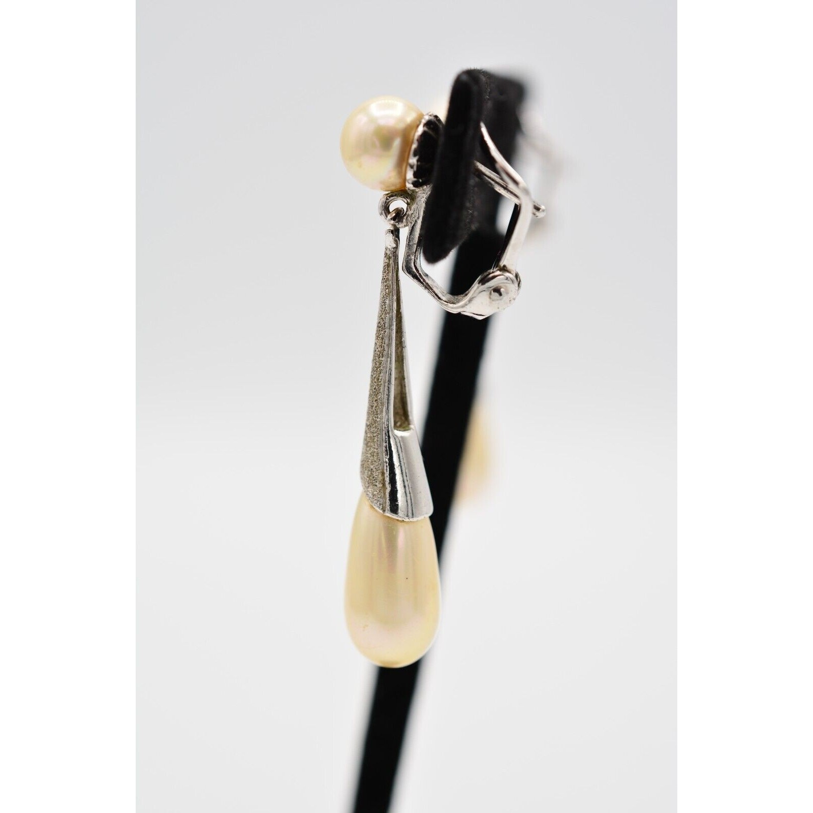 Vintage Dangle Earrings Silver Tone Faux Pearl Drop Textured Signed 1980s Bin7