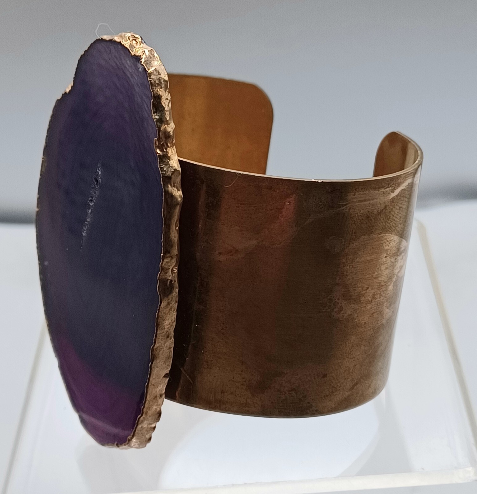 Purple Geode Cuff Bracelet Brass Wide Violet Purple Stone Handmade Statement 6.5
