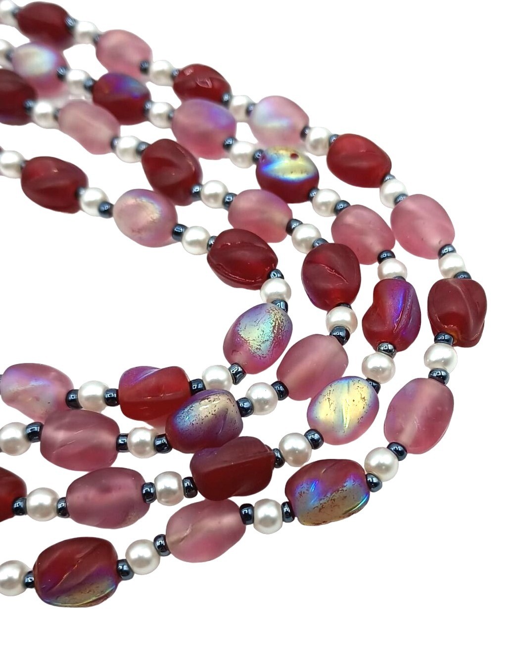 Vintage Glass Beaded Iridescent Necklace Pink Red Purple Four Strand Costume Jew