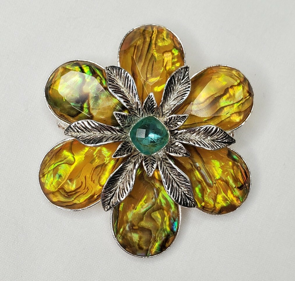 Vintage Monet Flower Brooch Yellow Acrylic Turquoise Faceted Stone Silver Tone