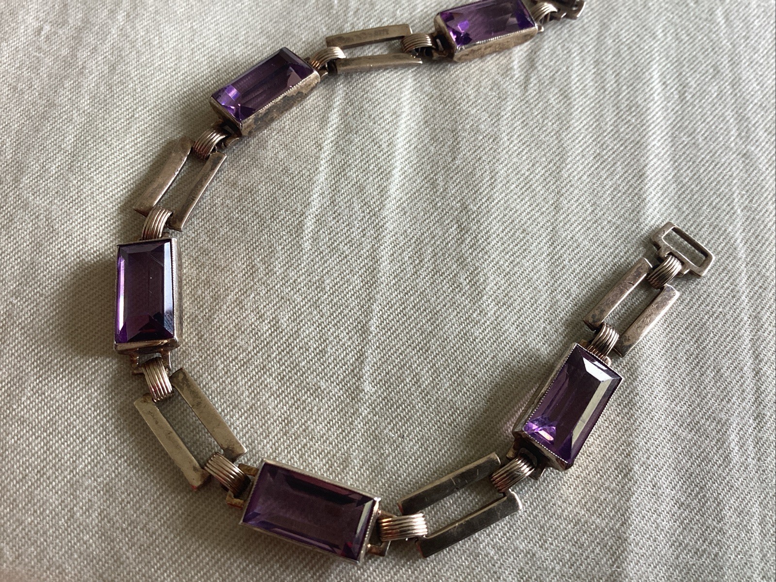 Vintage Sterling Silver 14 K Gold Purple Glass Line Bracelet 7.25”