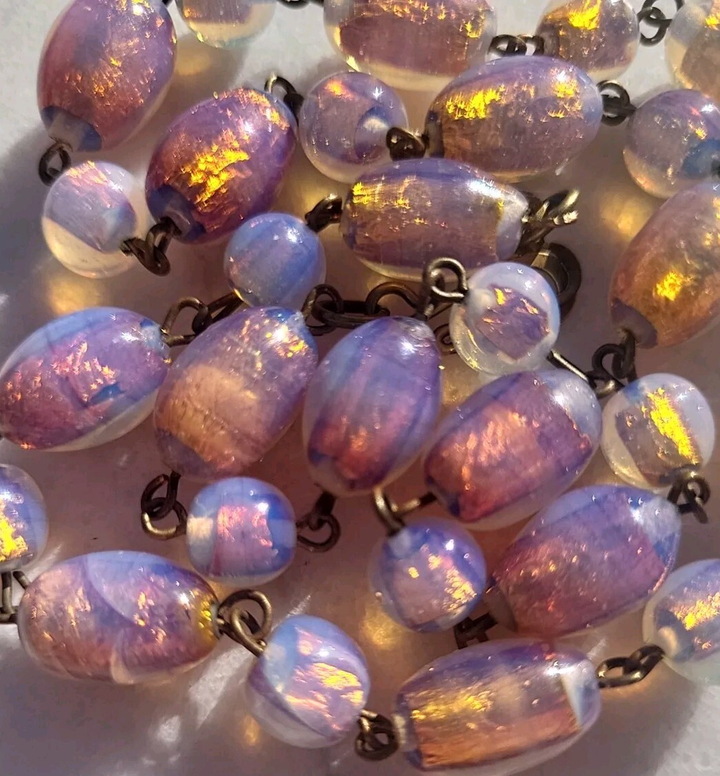RARE ANTIQUE FIREY OPAL GOLD FOIL MILKY LILAC PINK GLASS BEAD WIRE NECKLACE SET