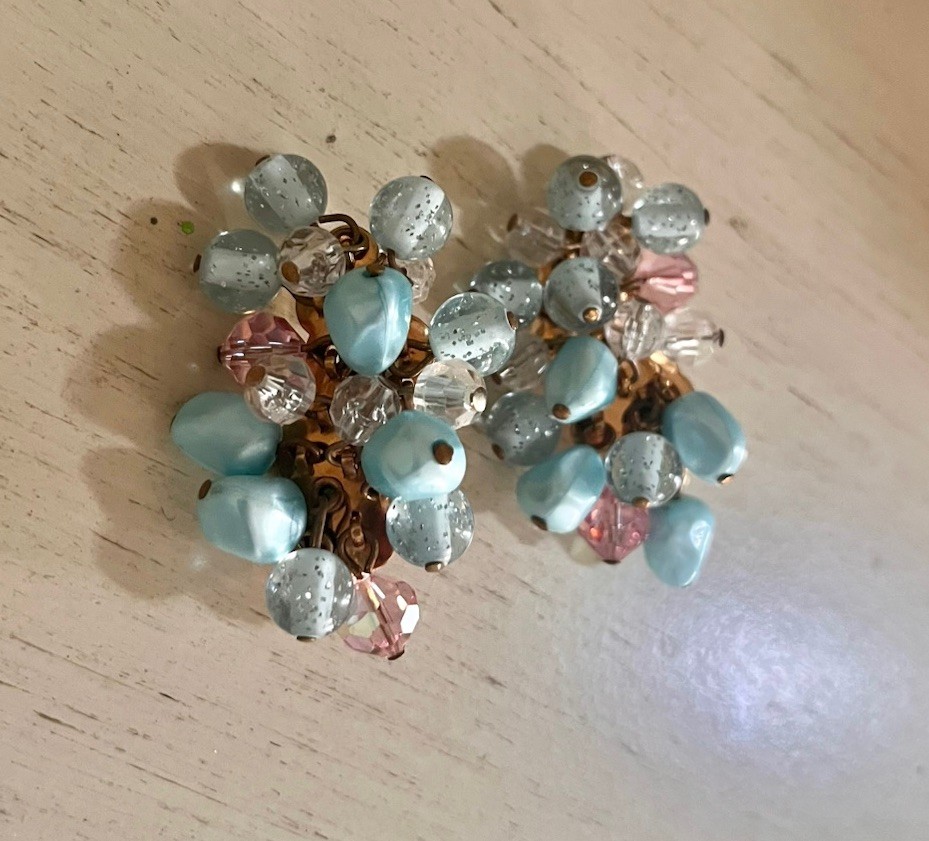 Vintage Aqua Light Blue Pink Beaded Cluster Crystal Clip On Statement Earrings