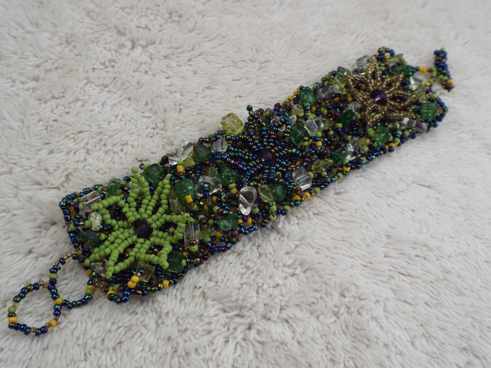 Peacock Blue Purple Gold Green Micro Glass Bead Mesh Bracelet (D15)