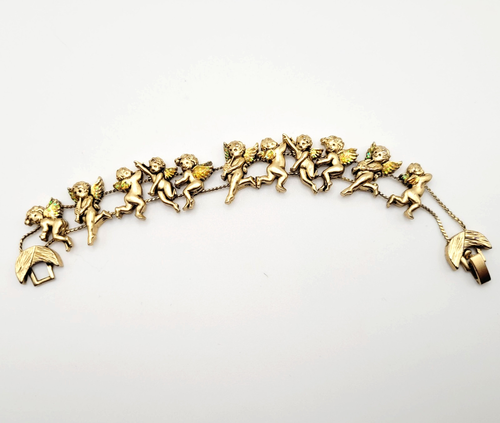 Cherub Angels Iridescent Glitter Wings Gold Tone Vtg Slide Bracelet 7.5 Inch