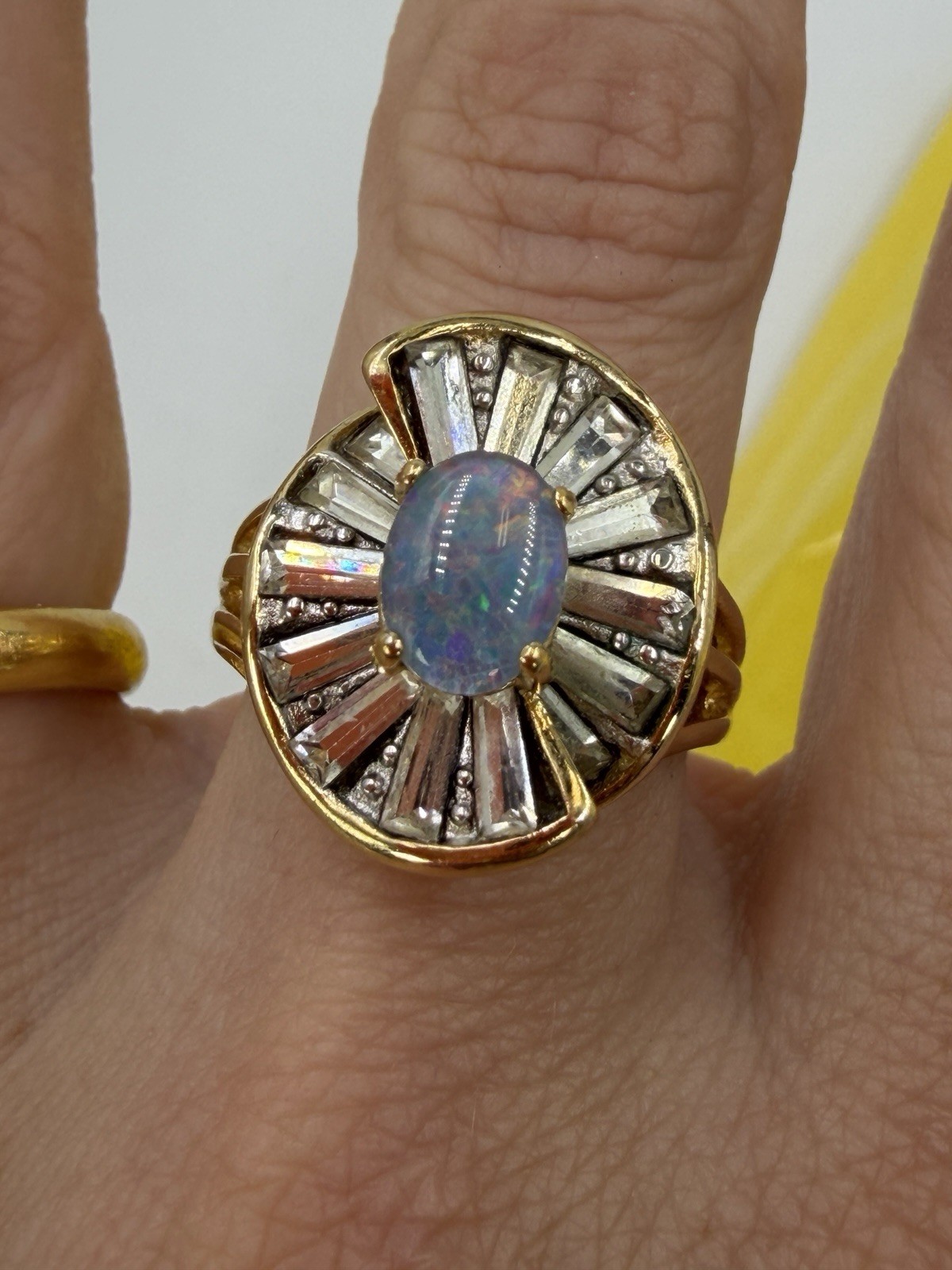 Vintage Ring Costume Cocktail Baguette Opal Statement Size 8 Plated