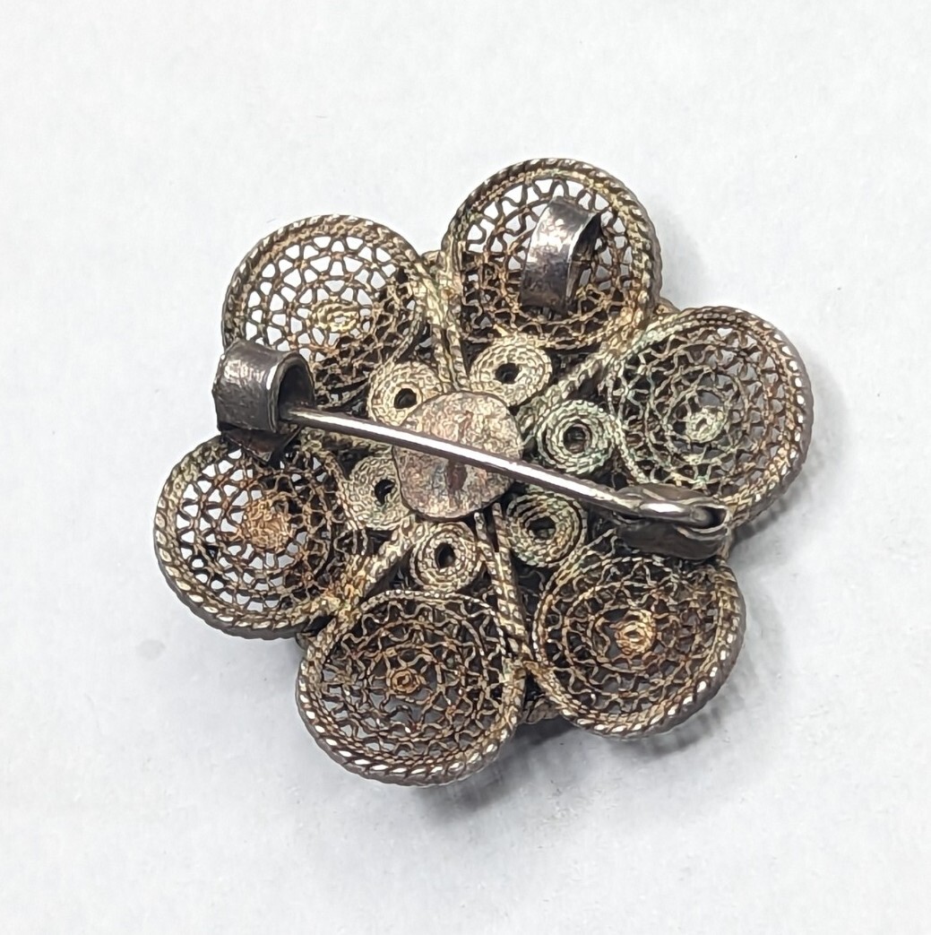 Vtg Sterling Silver Cannetille Filigree Flower Red Brooch Pin Pendant C-Clasp
