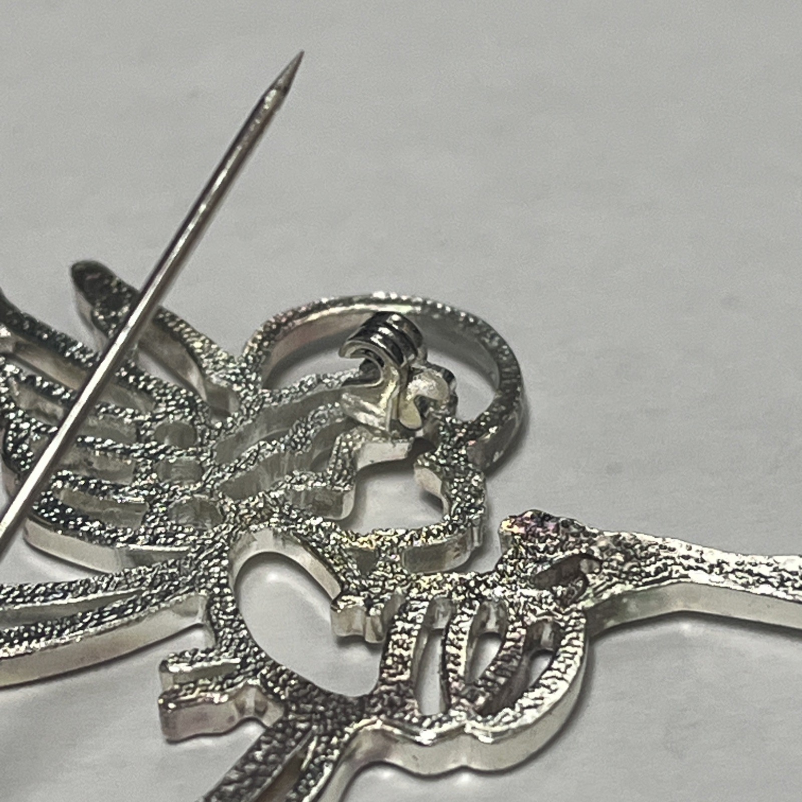 Vintage Silver Halo Angel With Wings & Blowing Trumpet Brooch Lapel Pin Costume