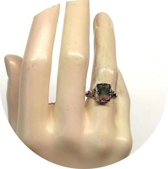 Pretty TOURMALINE Ring, Natural Bi-Color, Red Green – 14k White Gold Filigree