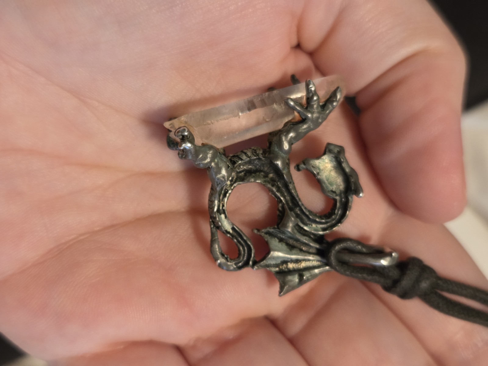 Vintage Pewter Dragon Holding Crystal Pendant Handmade