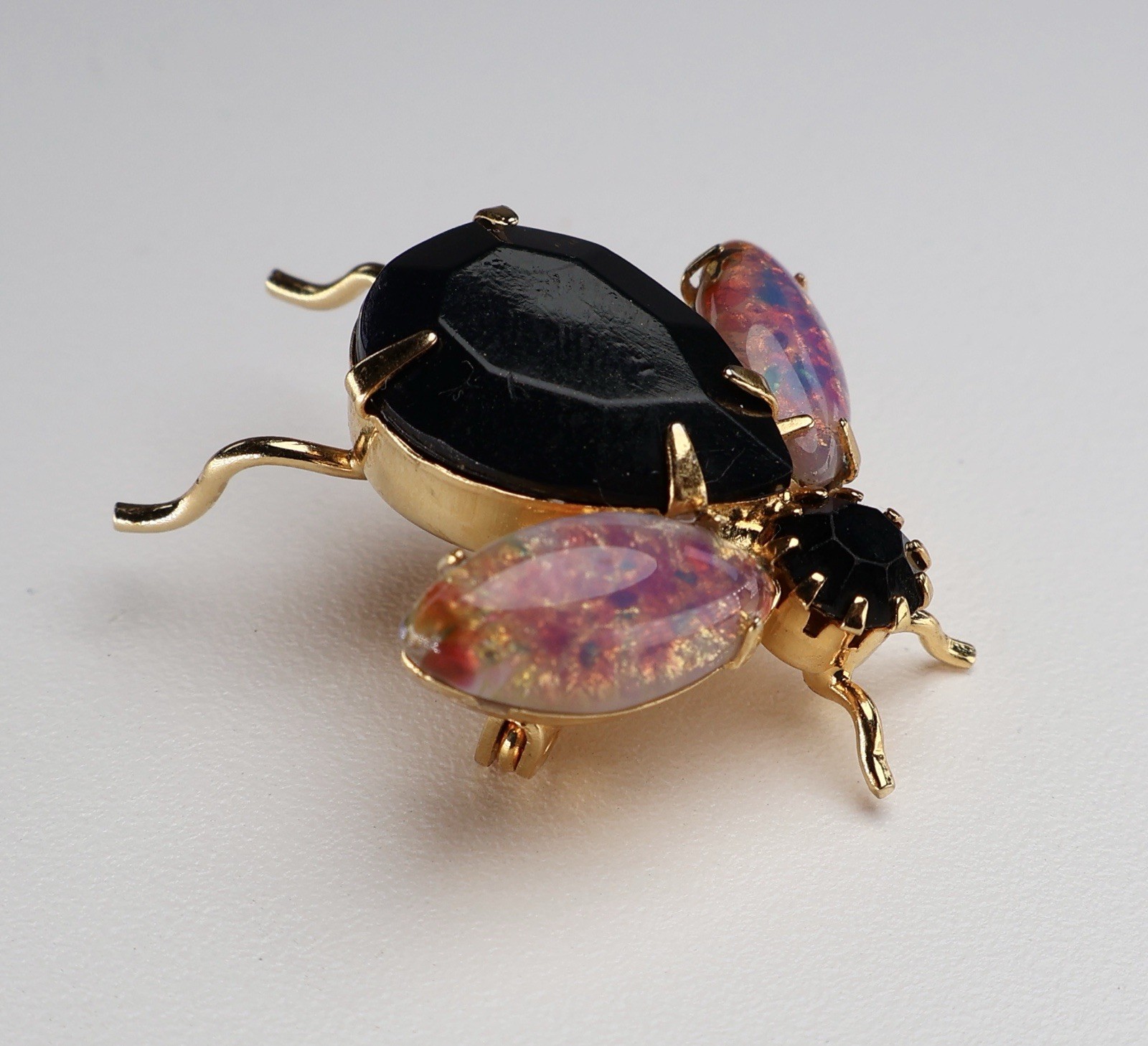 Vintage Bug Brooch Insect Glass Fire Opal Navettes Black Rhinestones Gold Tone