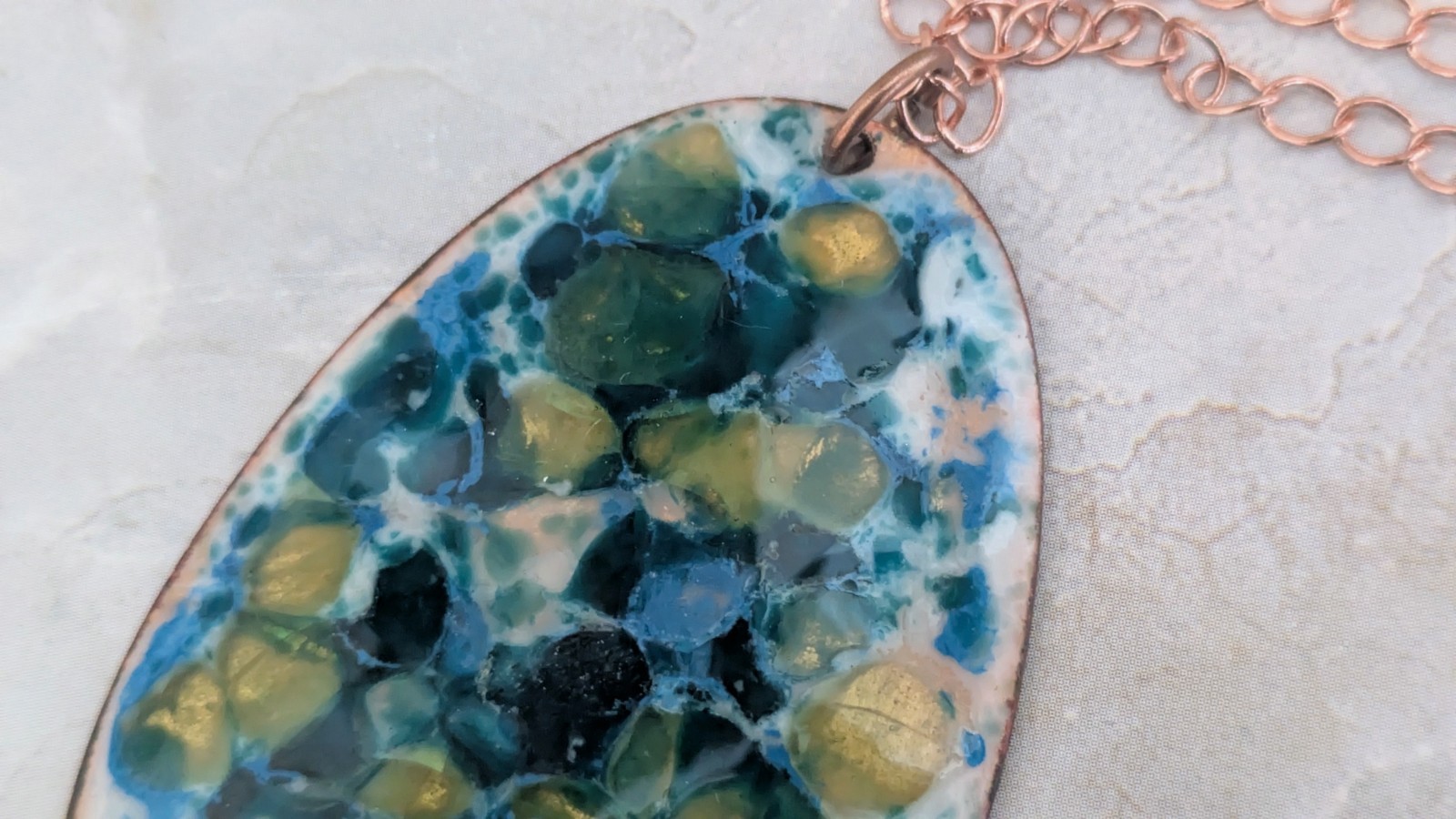 Vintage Enamel on Copper Turquoise Pendant Necklace, Mid Century Modern, 2.5″