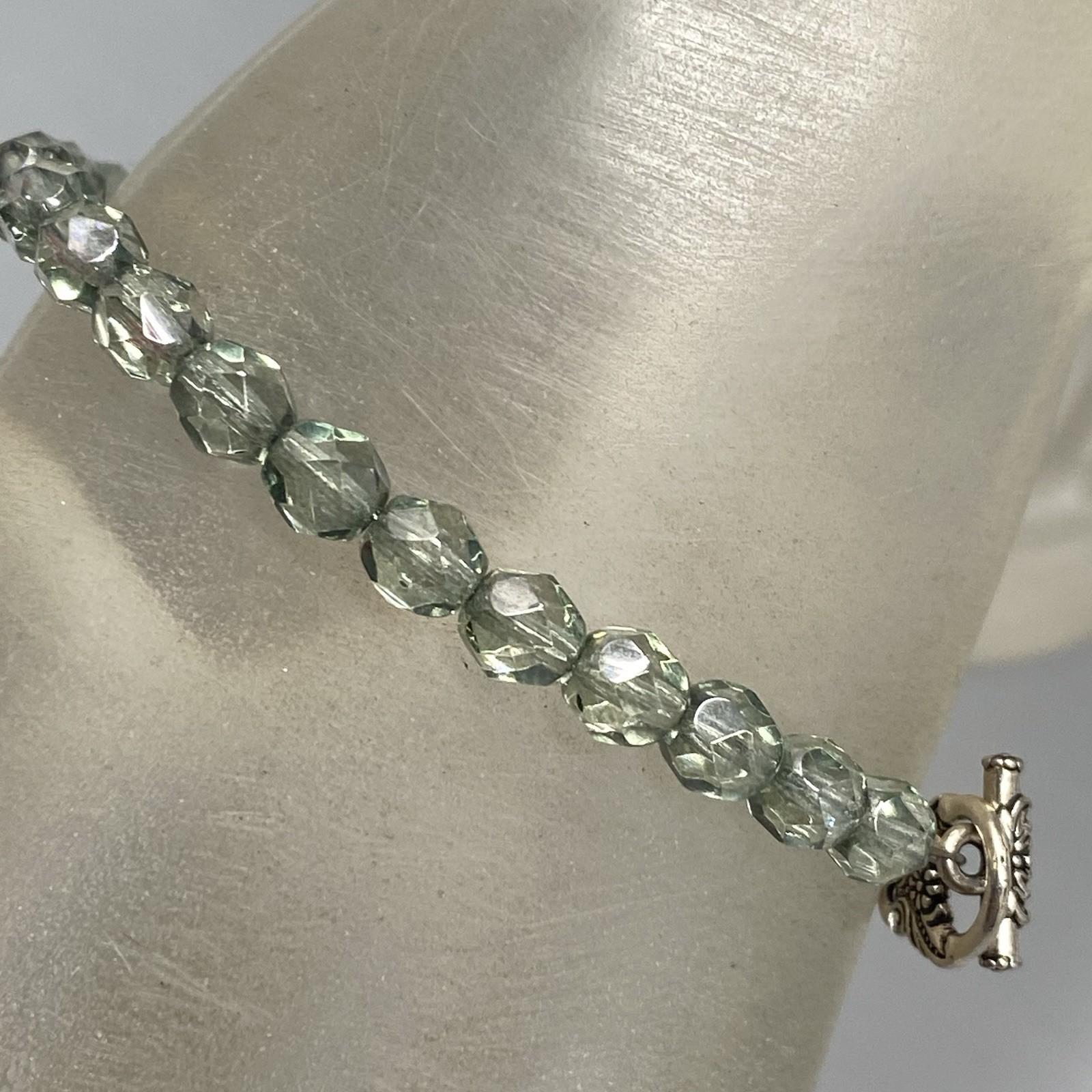 Green Hue Glass Beaded Bracelet Soft Facet Surface Coated Fire Polished 6.75″