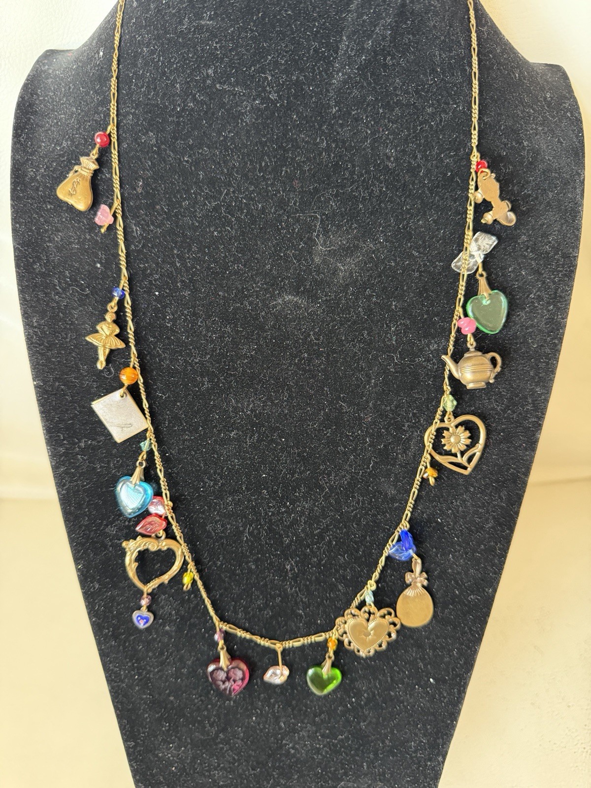 Vintage Signed Glassworks Studio Multi Charm Love Luck Fun Heart 30″ Necklace