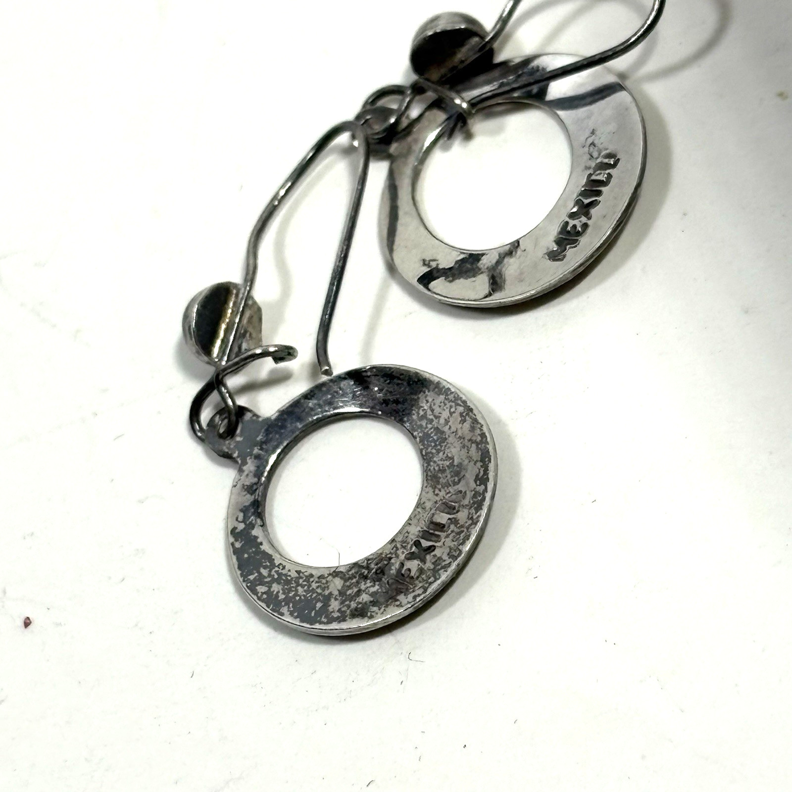 VTG Mexico Silver Turquoise Lapis Chip Inlay Earrings Dangle Circle Hook 5/8″