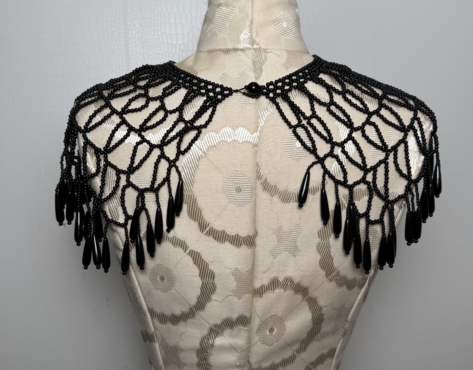 Vintage Black Beaded Collar Necklace Fringe Bib Capelet Statement Festival
