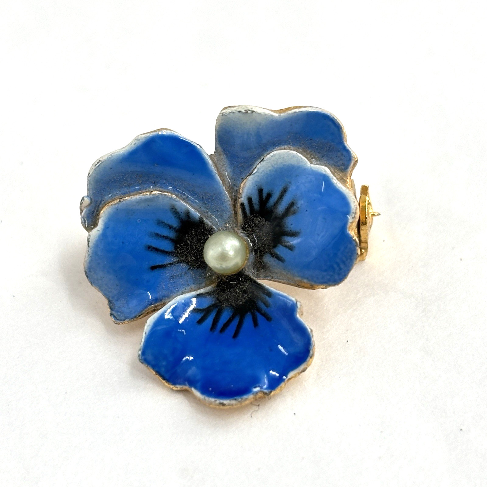 Vtg Blue Enamel Pansy Flower Brooch Faux Pearl Center Gold Tone Floral Pin