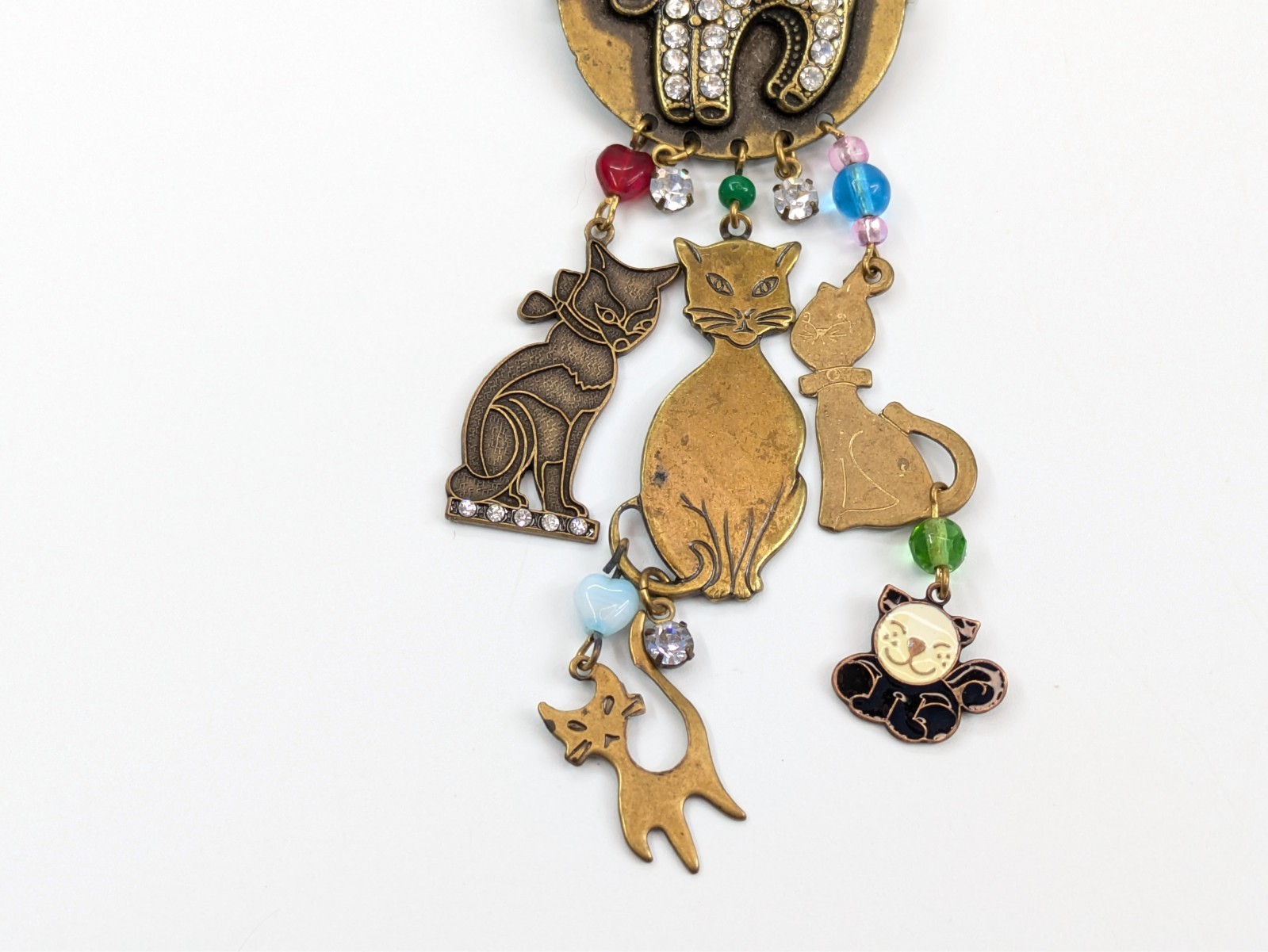VTG Glassworks Studio Dangle Cat Charm Rhinestone Bronze/Brass Brooch Pin 4.5″