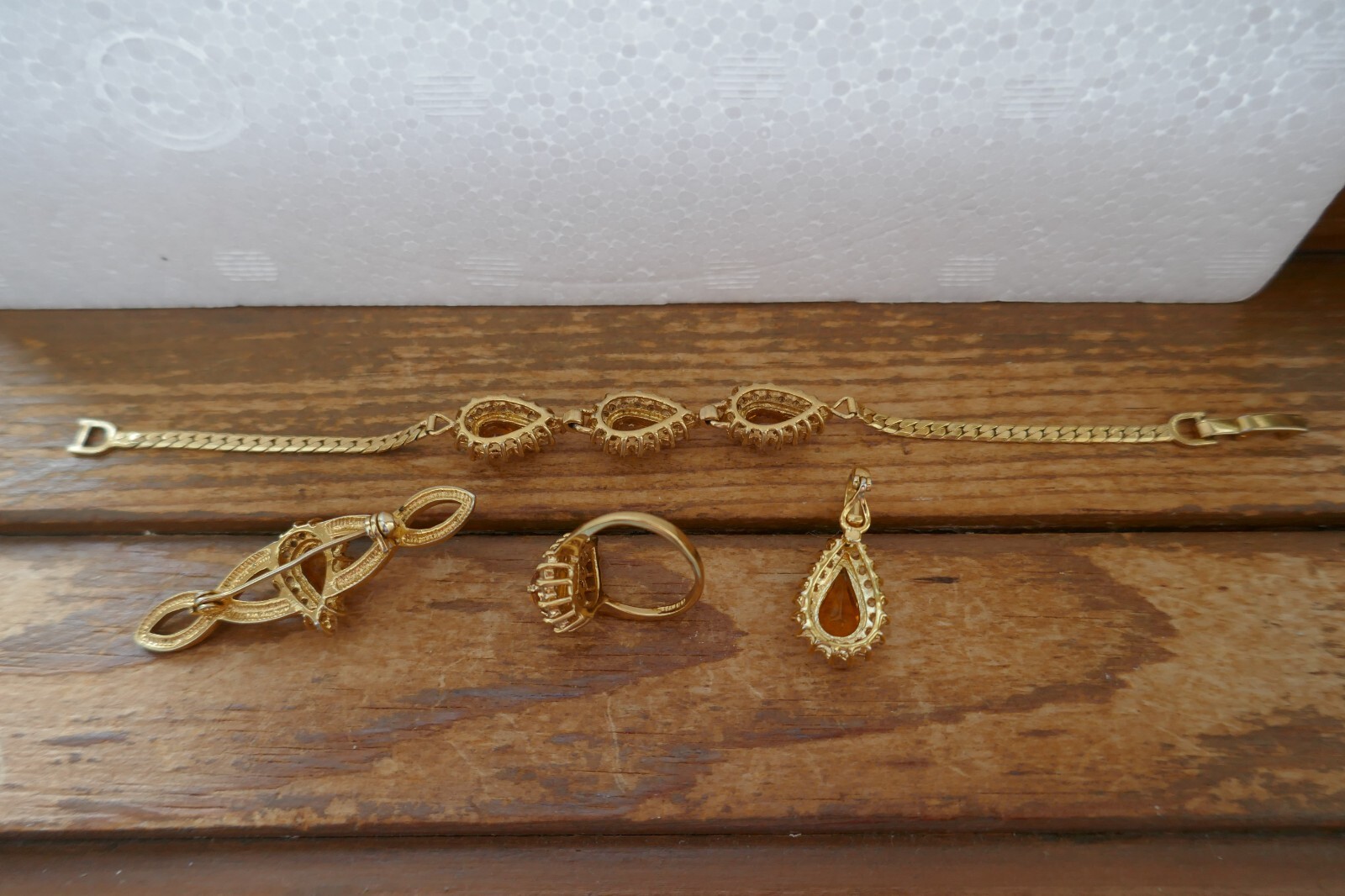 VTG Lot GP Set Citrine & Clear CZ Bracelet Pendant Necklace Enhancer Brooch Ring