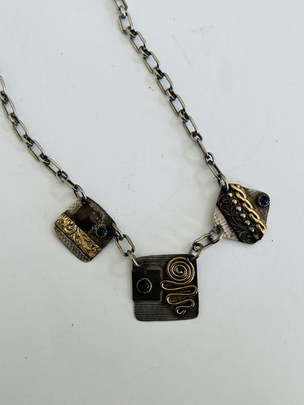 Vintage Signed MA Modernist Mixed Metal Sterling Silver Stone Link Necklace 20”