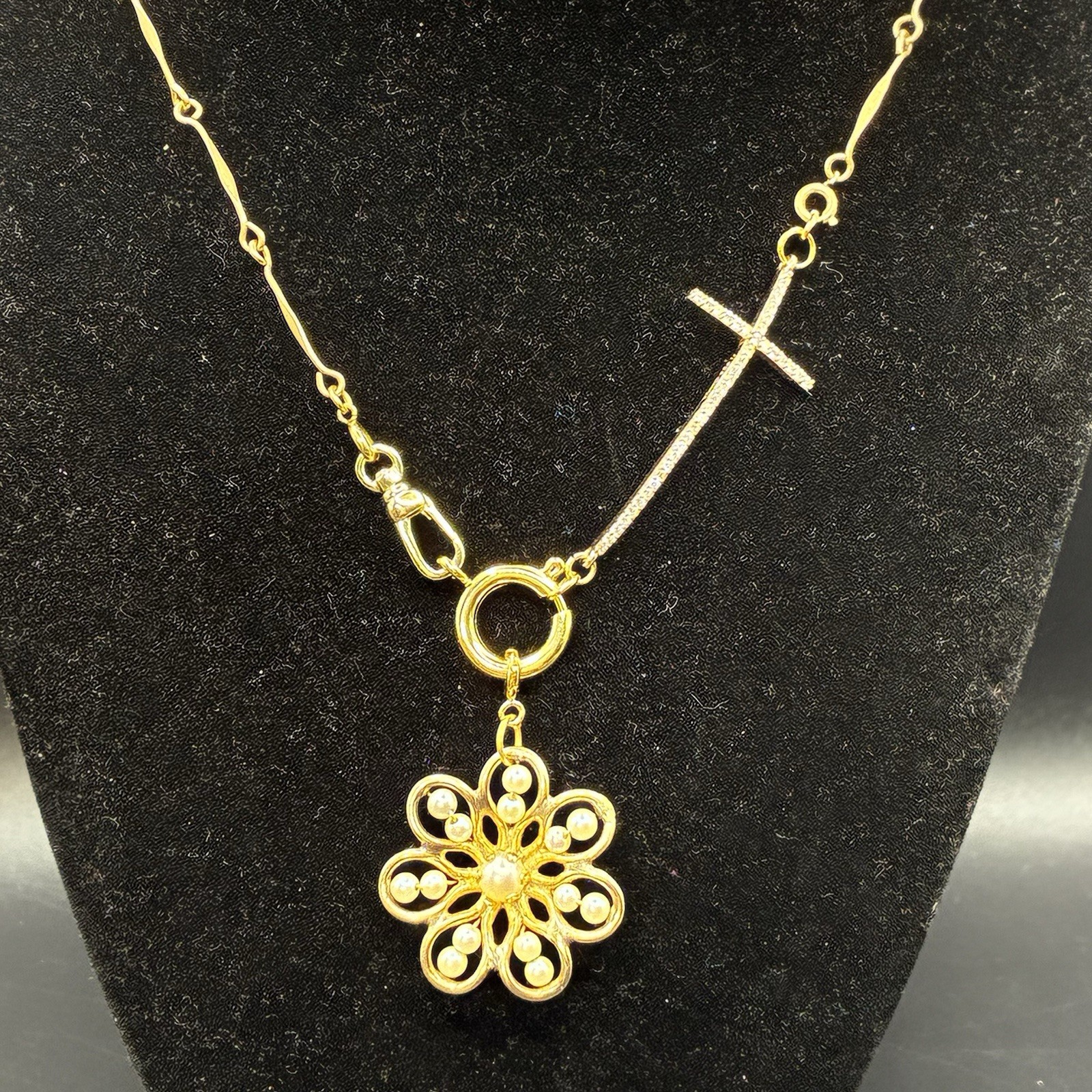 Vintage 12k Gold Filled Pocket Watch Chain FOB, Dog Clip, Cross & Pearl Charms