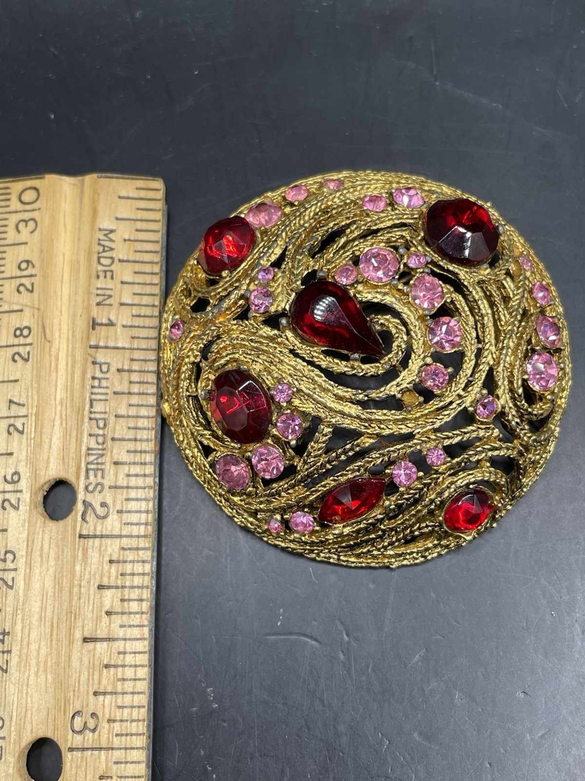 Vintage La Roco Domed Braided Filigree Austrian Crystal Brooch