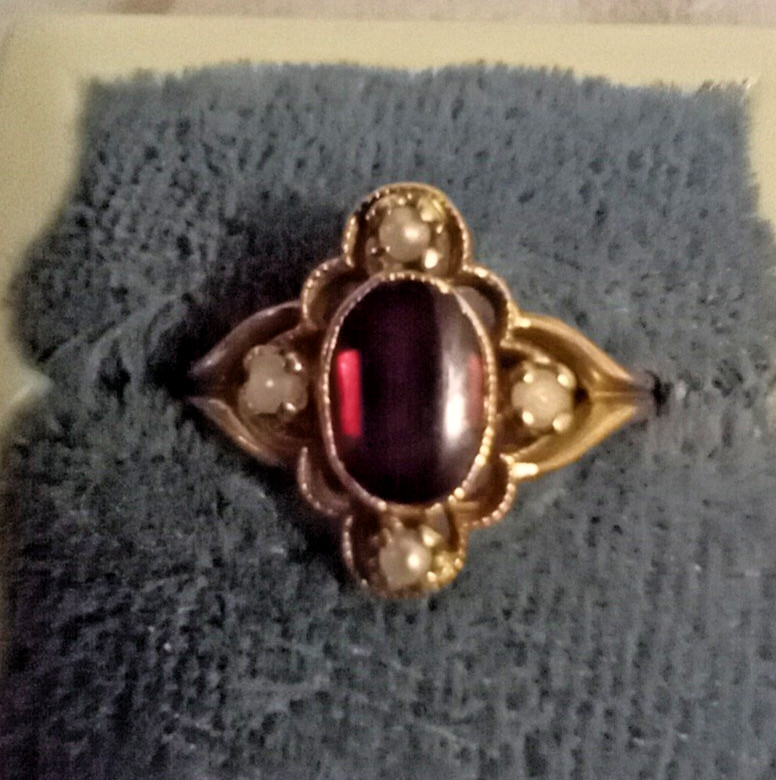 MARVELOUS ANTIQUE OSTBY BARTON 10K GOLD RED STONE SEED PEARL RING SZ 6.75 OB