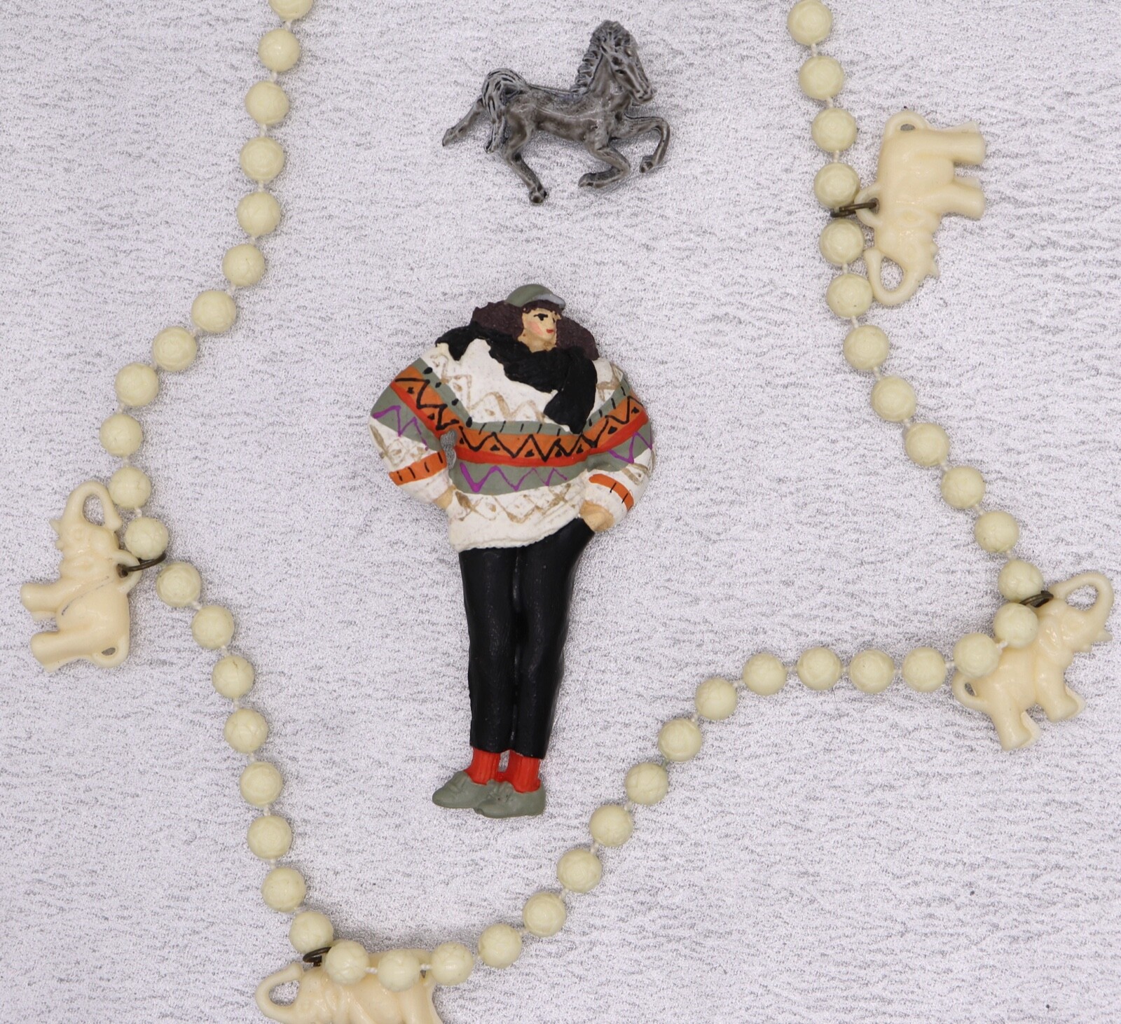 Lot 3 Vintage Figural Jewelry Elephant Necklace, Small Head Person & Horse Pin
