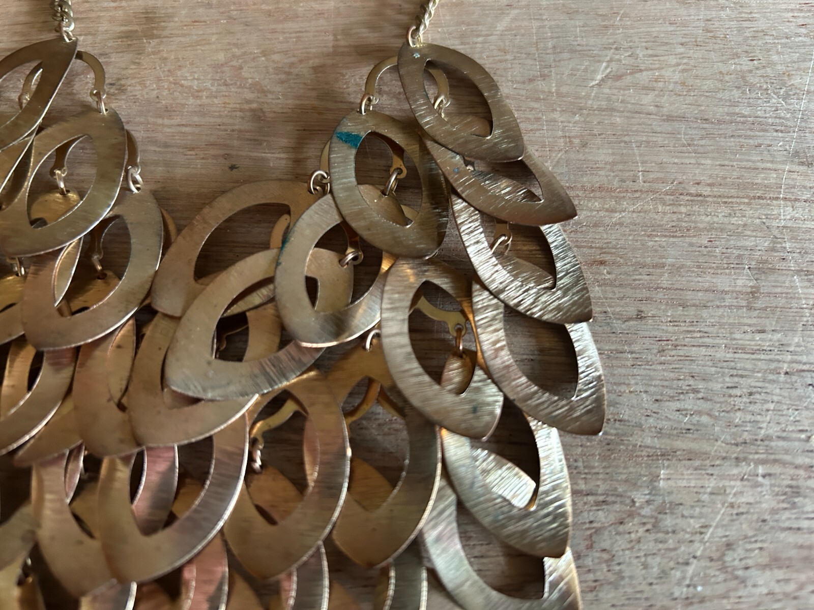 Bib Necklace Overlapping Dangling Layered Costume Teardrop Brass Tone Vintage