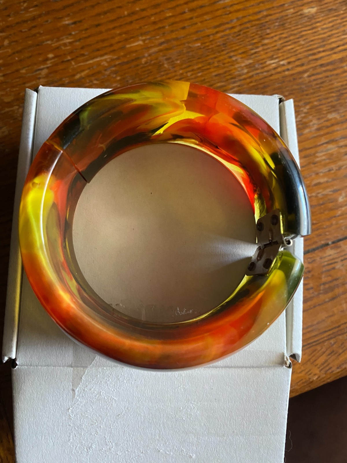 vintage bakelite hinged bangle mulity colors with off white dots signed Pantti