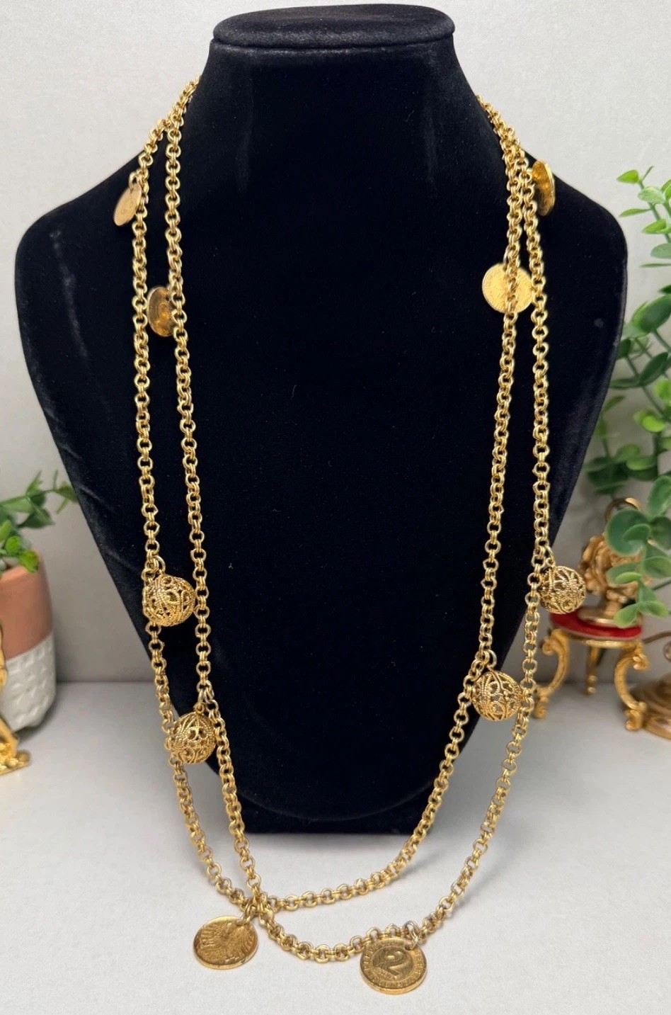 Long Gold Tone Coin Charm Necklace Filigree Ball Accents Boho Vintage