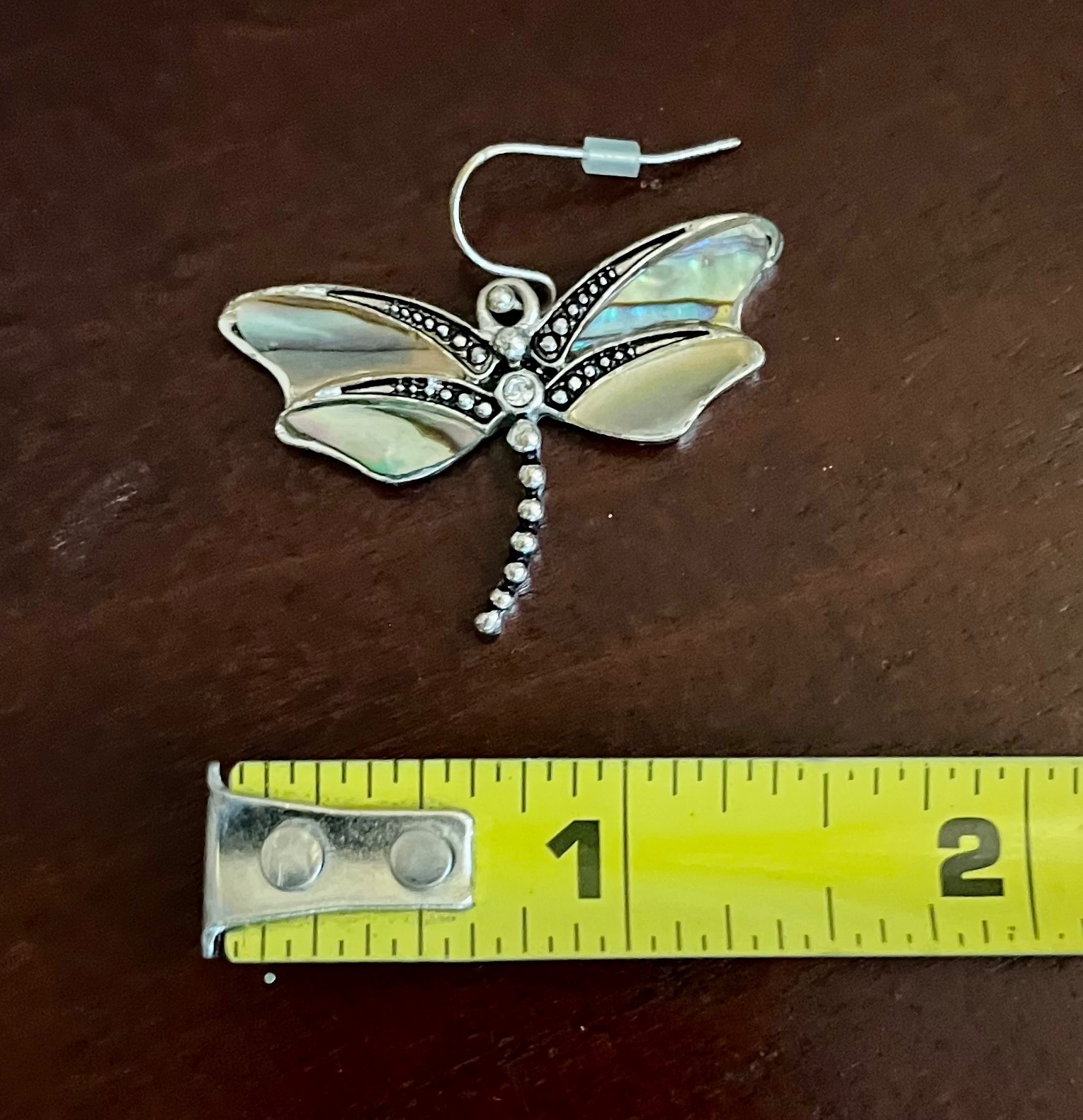 Vintage Dragonfly Abalone dangle earrings, approximately 1 1/2″ wide