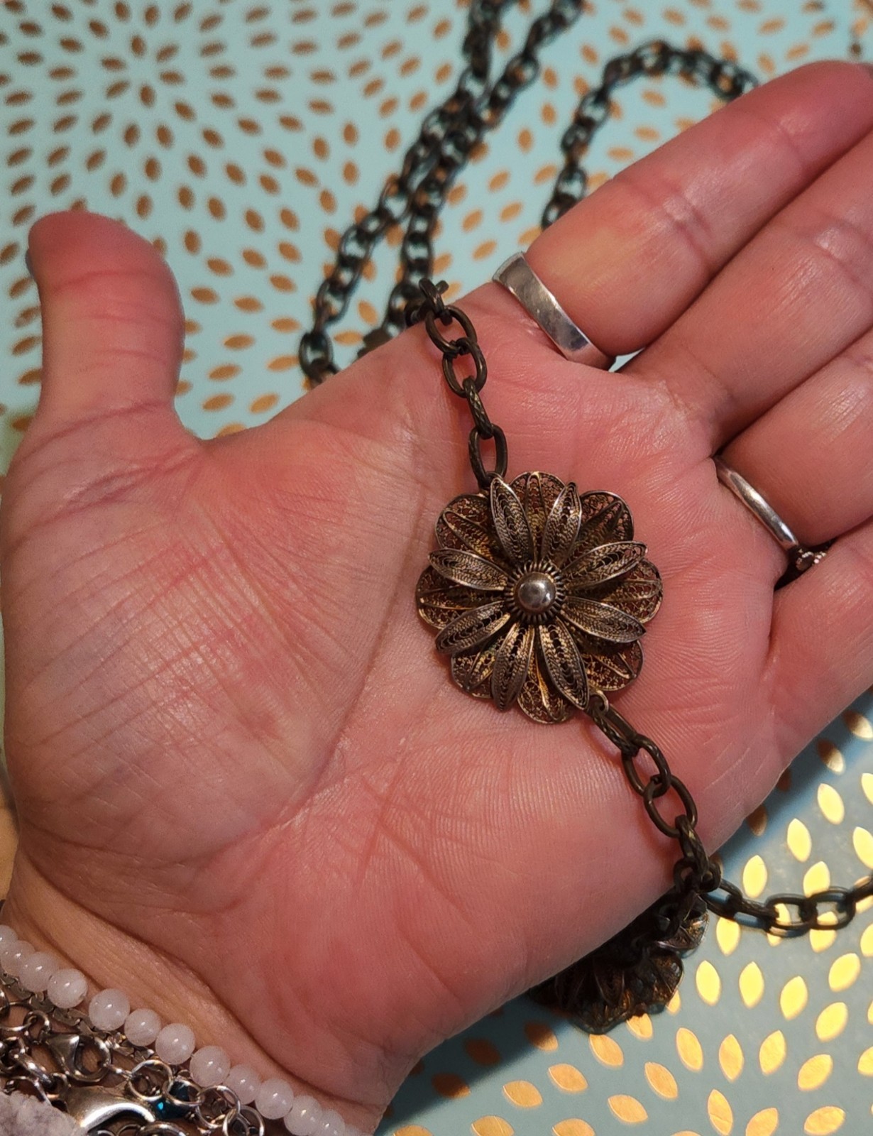 VTG Silver (tested) Filigree Flower Station Charms On Bronze-tone Chain