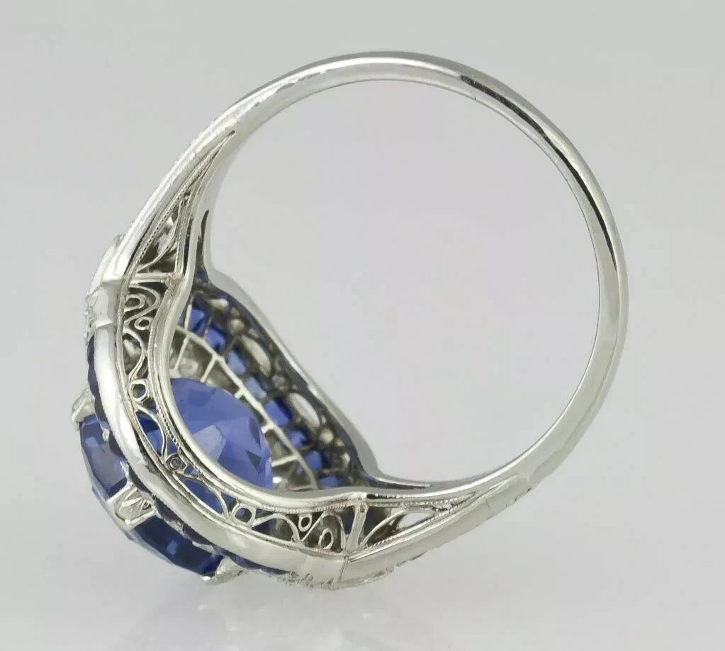 Art Deco Vintage 4.50Ct Blue Lab Created Sapphire Wedding 14K White Gold FN Ring