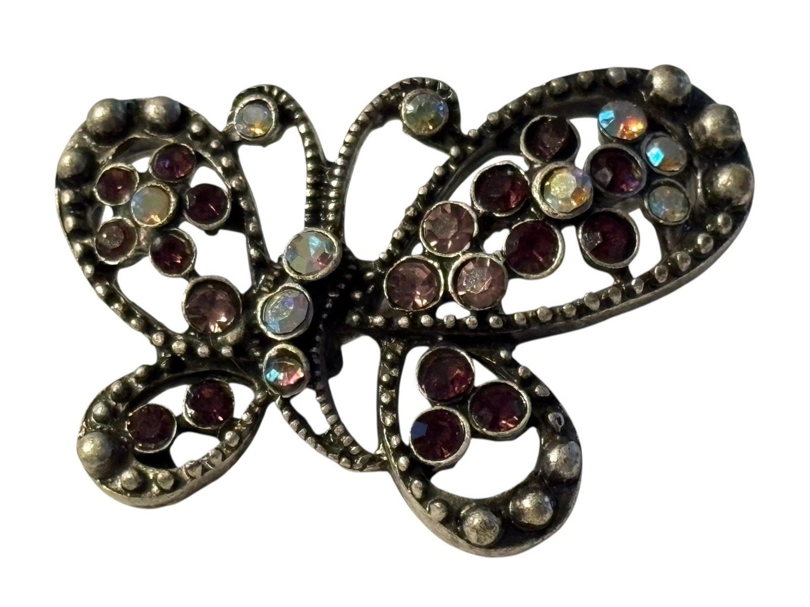 Butterfly Brooch Pin Silver Tone Purple Aurora Borealis Rhinestones Textured VTG