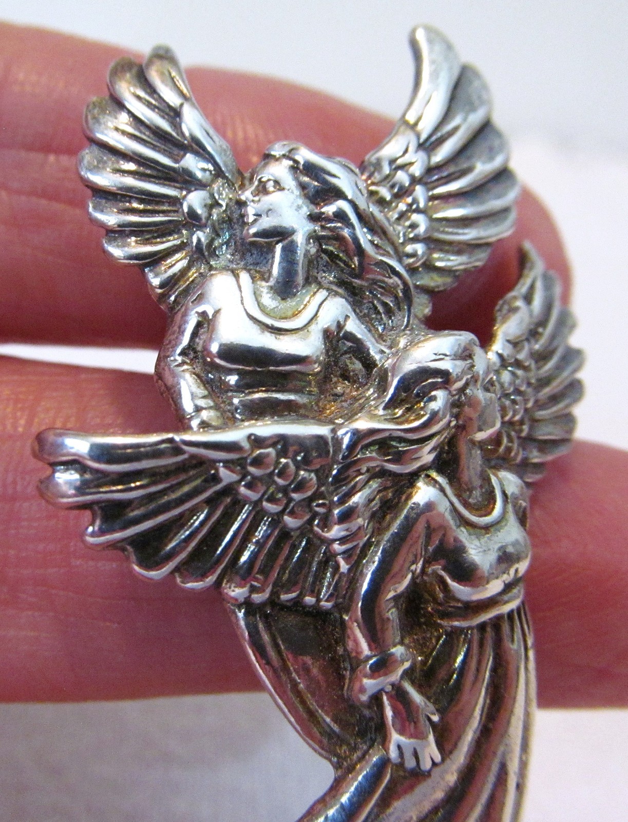 Vintage Shube Dimensional Angels Solid Sterling Silver Pendant Pin Brooch 2″long