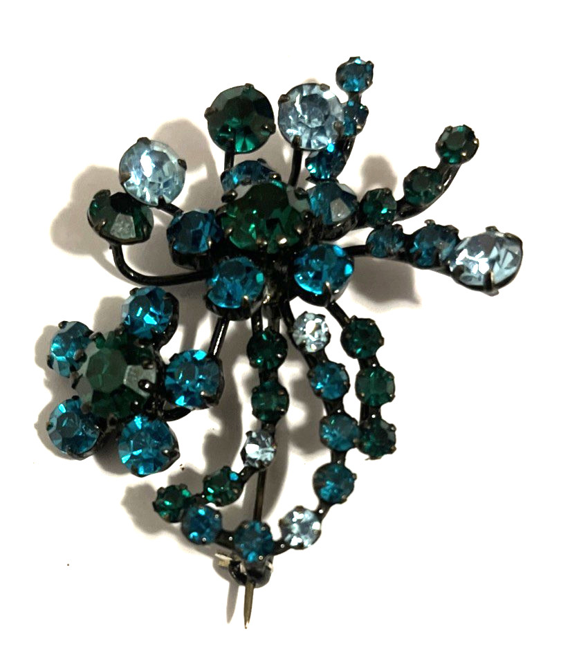 vintage austrian crystal Rhinestones brooch Teal & Light Blue Signed