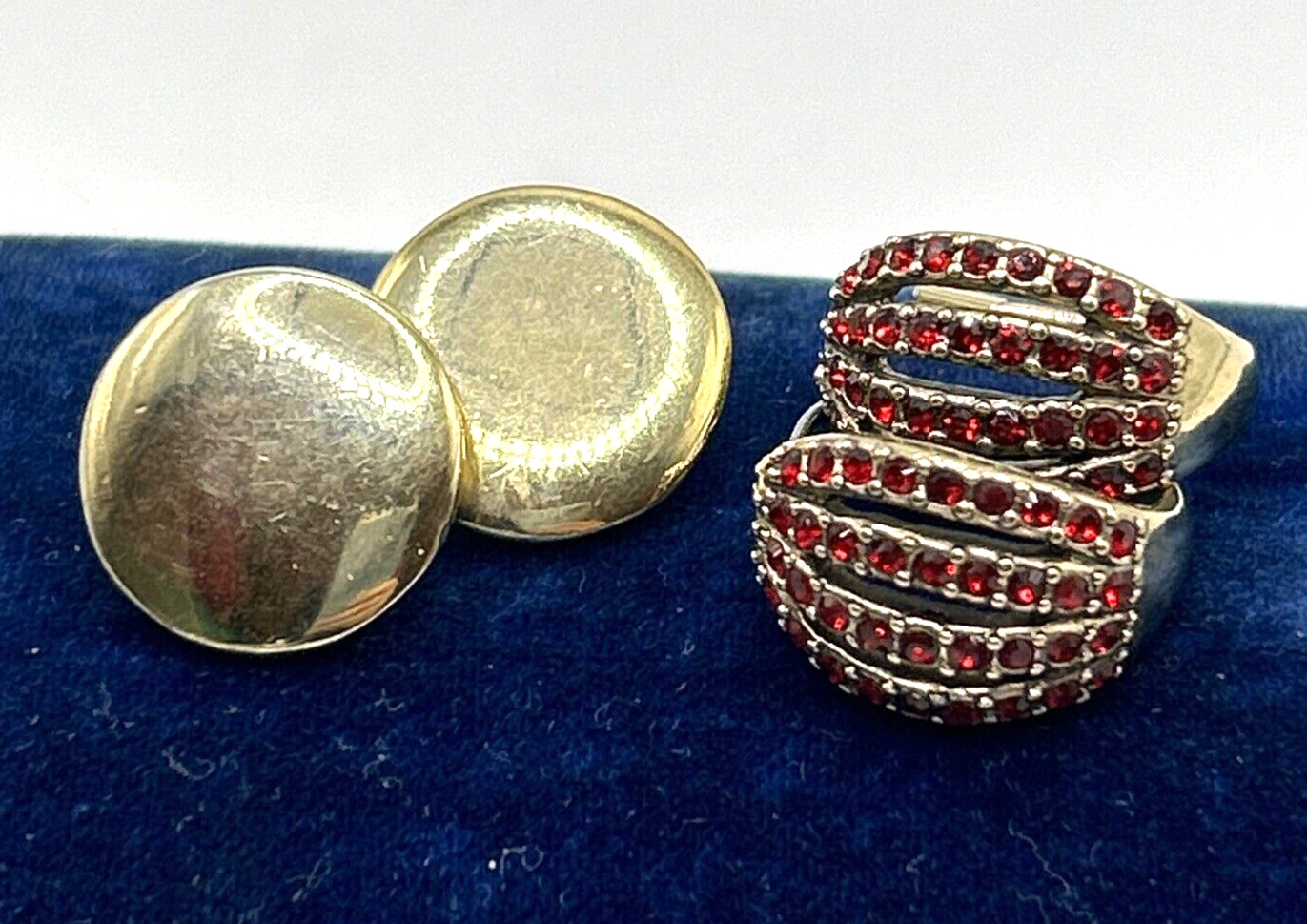 Vintage Monet Gold Plated Disc Earrings Red Crystal Post Earrings Pre/Post 1950
